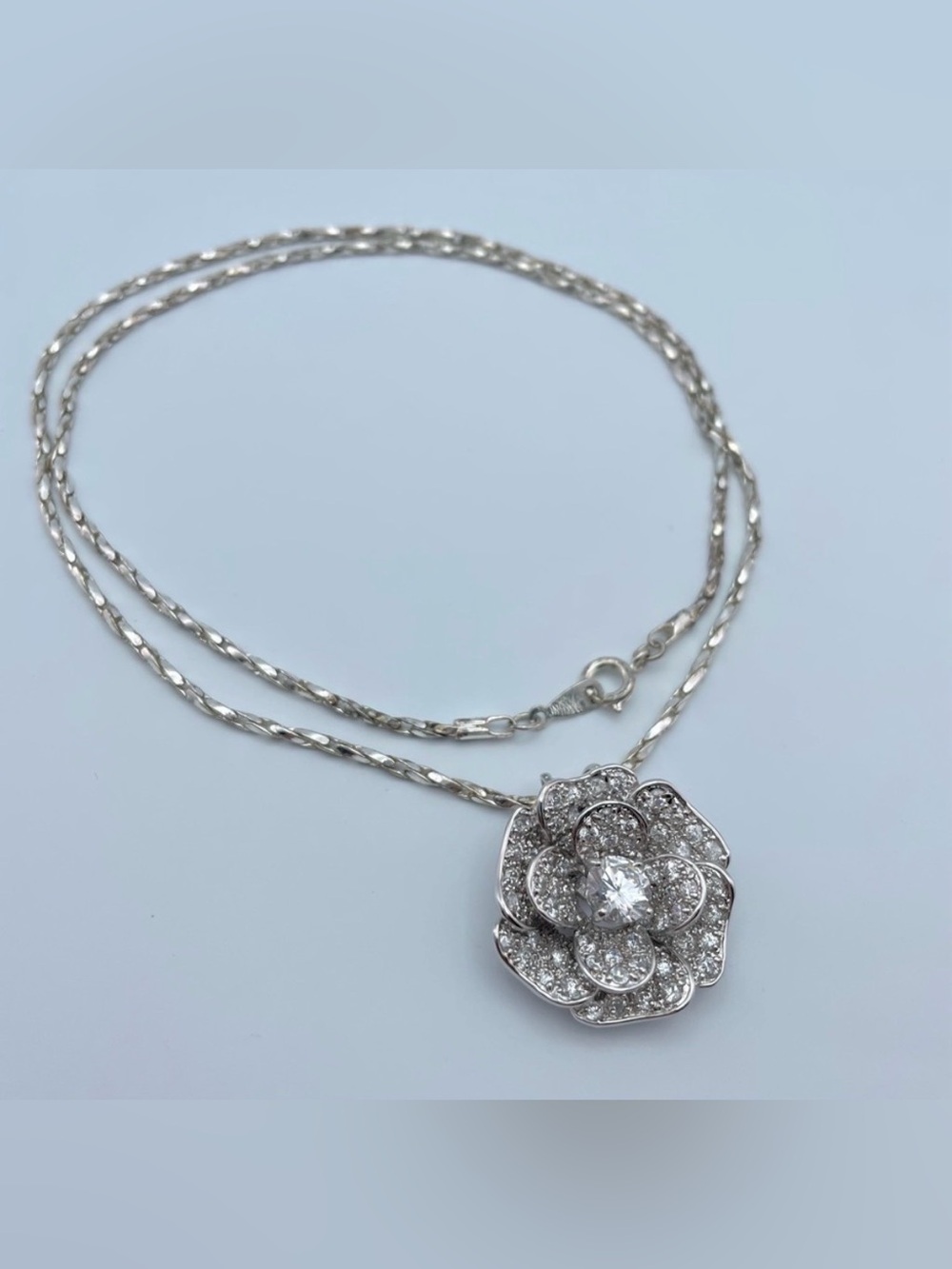 Sparkling Silver-Tone Floral Pendant Necklace with Clear Crystals, 24” Chain